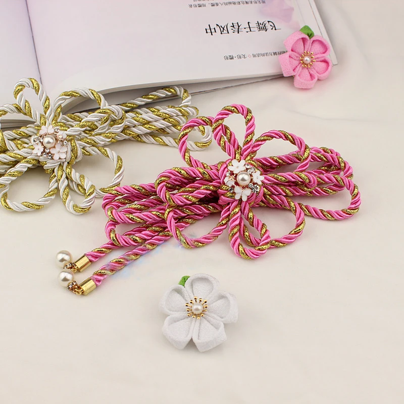 Japanese Kimono Bathrobe Belt Hand-woven Petals Propitious Knot Pearl Decoration Waist Obi Kimono Girdle Accessories Brooch Pin
