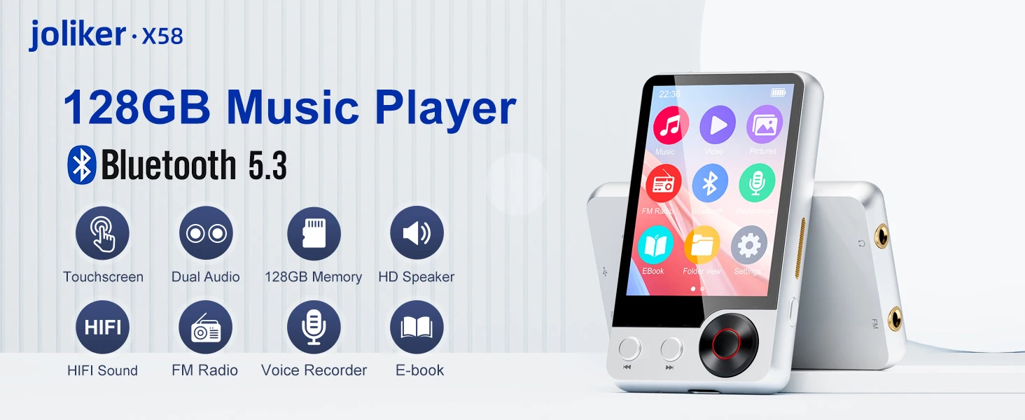 128GB MP3 Player with Boosted Bluetooth 5.3, Music Player Features HD Speaker, 2.4" Touchscreen, Expandable SD Card Slot, Dual