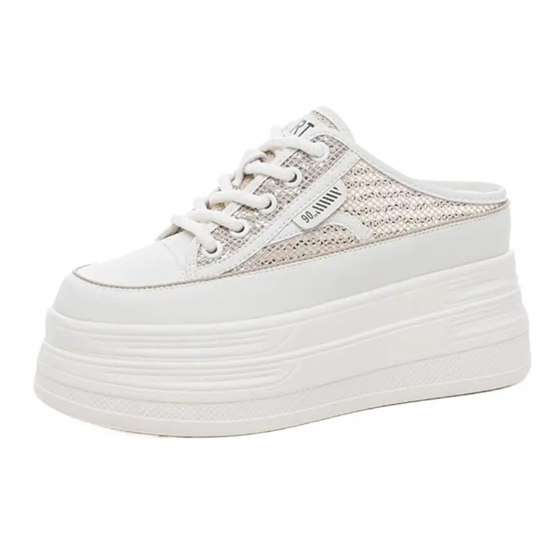 2026  8cm Air Mesh PU Synthetic Microfiber Leather Flats Women Sandals Slipper Chunky Sneakers Slippers Platform Wedge Shoes