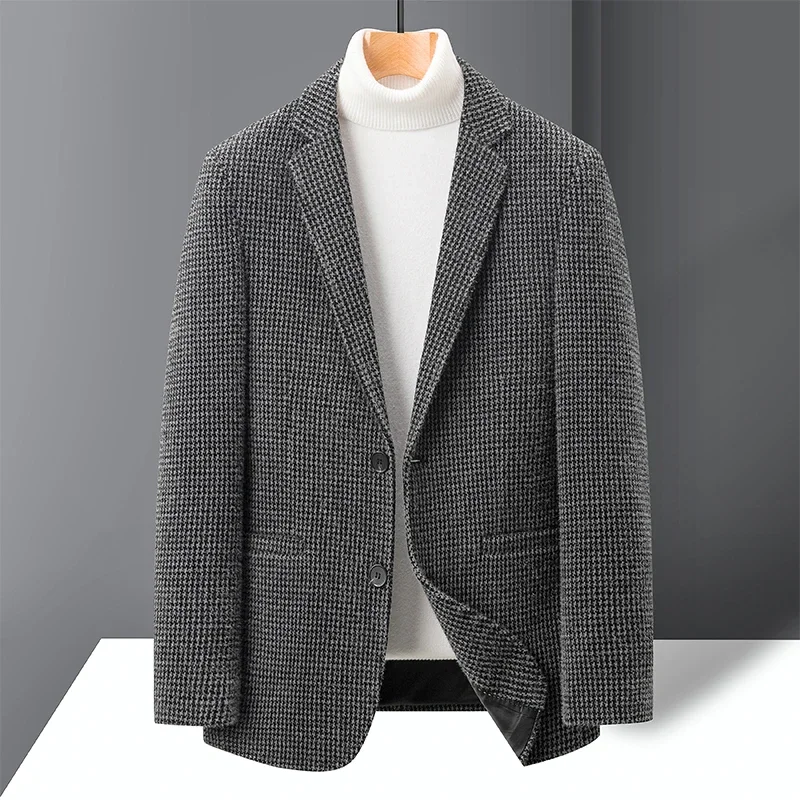 High-quality Thousand-bird Check Double-sided Woolen Coat for Men Korean Casual Suit Collar Short Casual Woolen Coat  Blazers