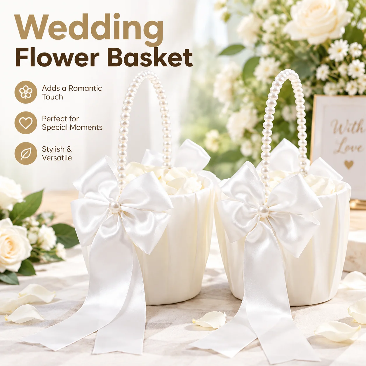 Foldable Flower Basket with Pearl Handle Satin White Bowknot Rustic Wedding Petals Boho Bridal Shower Floral Decor