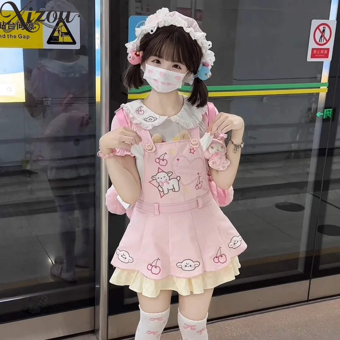 Conjunto de 3 piezas de pantalones con tirantes para niña, camiseta con cuello de marinero Kawaii, monos, Mini princesa de verano con volantes de encaje de conejito dulce 2025