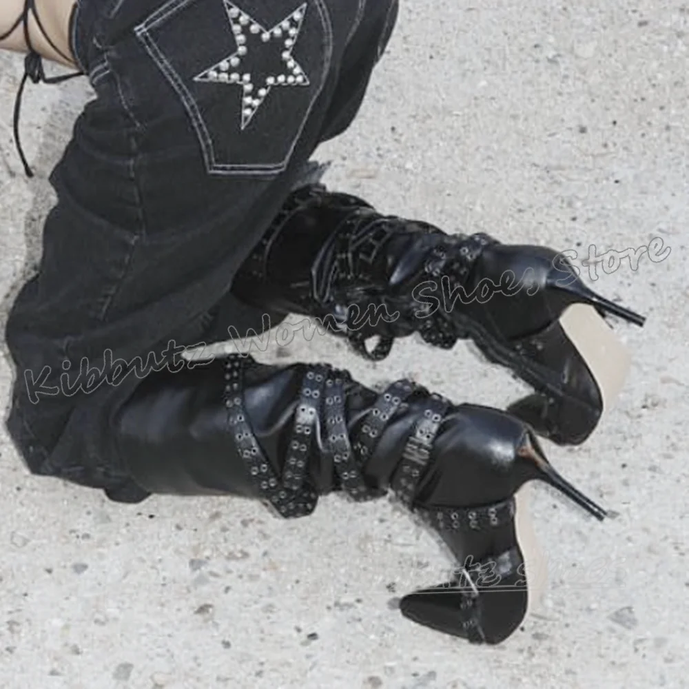 

Knee High Boots Cross Strap Belt Buckle Leather Solid Color Zipper Fashion Luxury Elegant Concise Sexy Gothic Hot Girl Shoes New