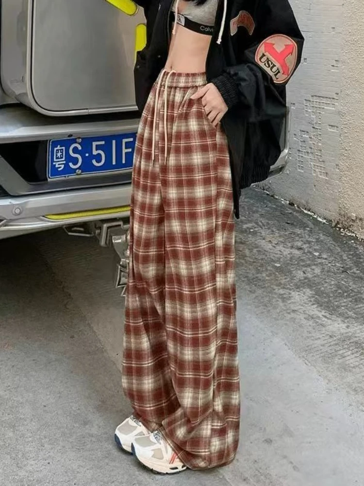 Lazy style retro checkered casual pants spring and autumn new elastic waist wide leg loose floor length straight leg pants