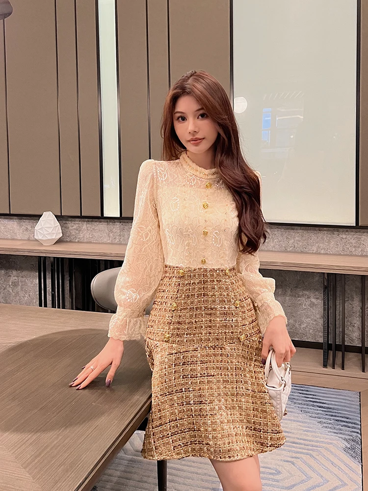 

Новая женская модная твидовая платье-имитация двойки с длинным рукавом, высокой талией и А-образным силуэтом для осени и зимы