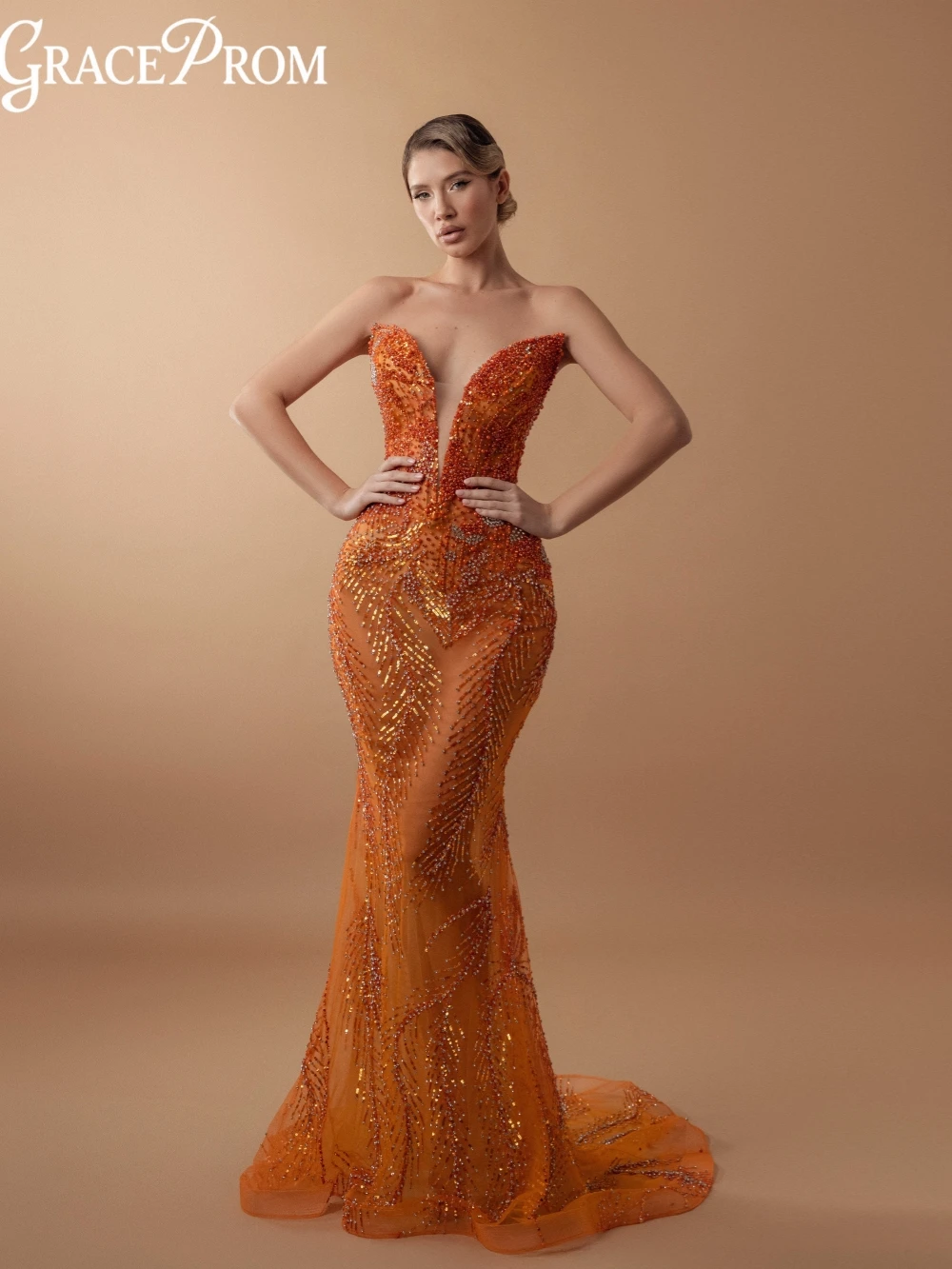 

Оранжевое длинное вечернее платье с блестящим жемчугом и бисером Изысканное длинное платье русалки с глубоким v-образным вырезом для свадебной вечеринки Новые платья для выпускного вечера по индивидуальному заказу