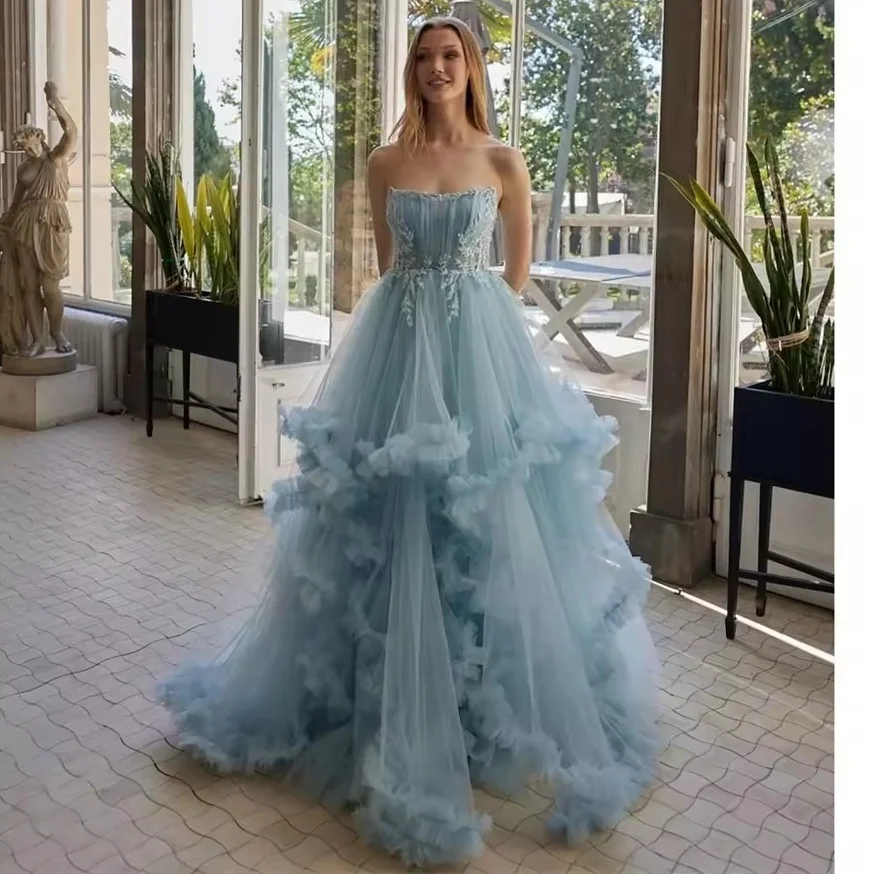 

Dusty Blue 3D Flowers Prom Dresses Strapless فساتين سهرات A-line Sweep Train Evening Dress 2025 Customized