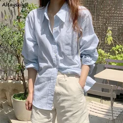 Camisas de mujer a rayas a prueba de sol minimalista cuello vuelto Casual todo-fósforo novio Ins Tops de una sola botonadura ropa de calle más nueva