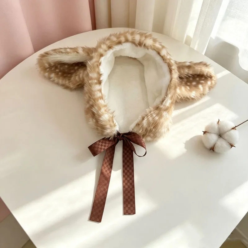 Cute Elk Plush Warm Earmuffs for Women Autumn and Winter Korean Version Thickened Ear Protectors Antler Lace-Up Headband