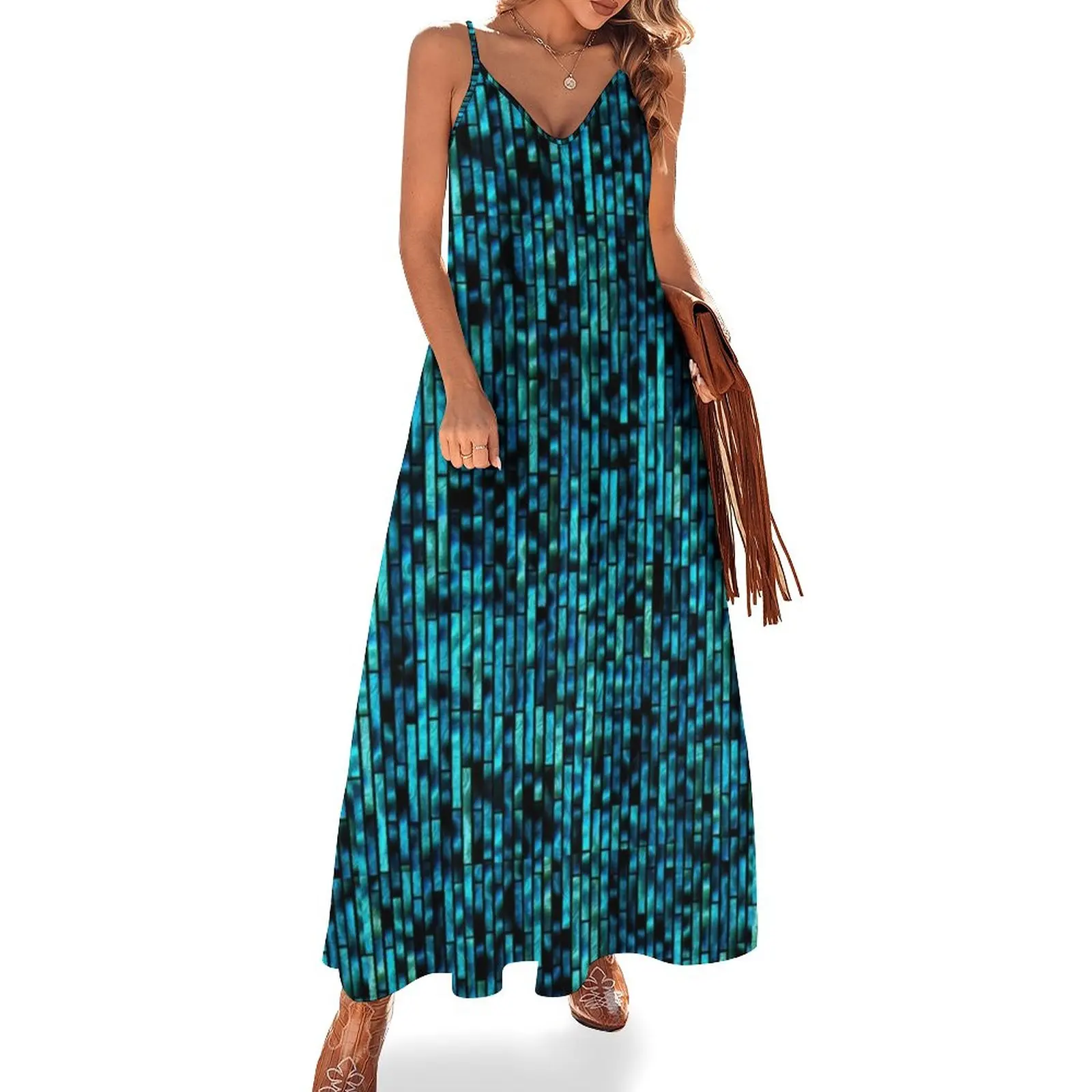 

70s Disco Retro Inspired | Blue Sequin PRINT Texture Sleeveless Dress prom dress 2023