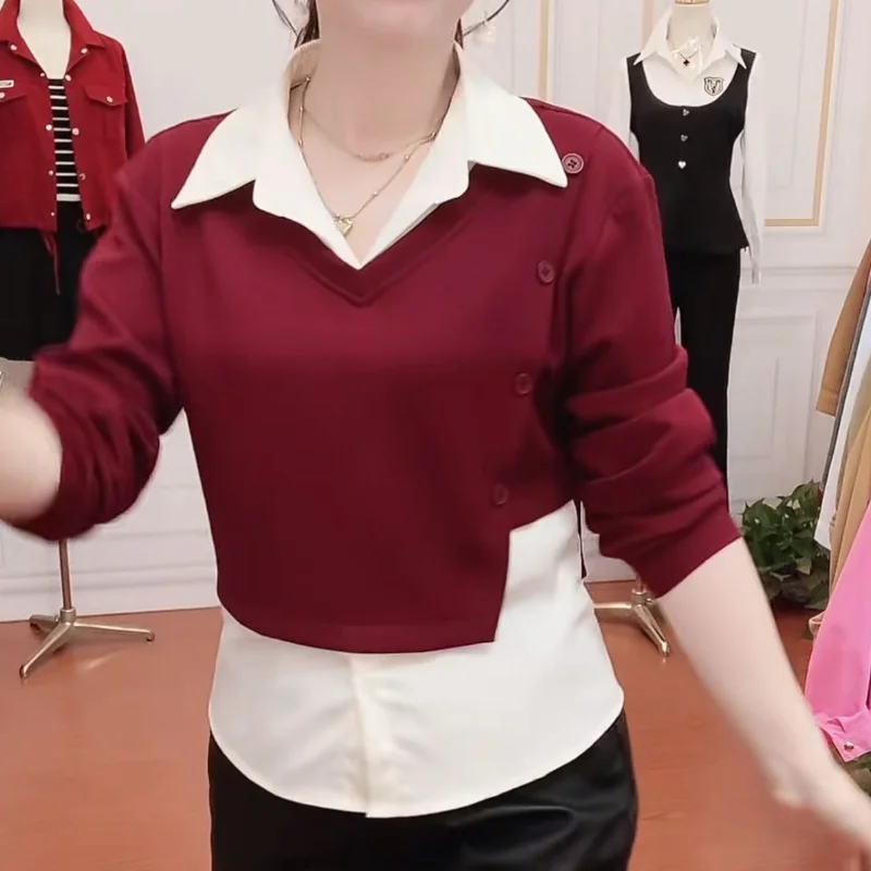 

Autumn Lapel Fake Two-piece Patchwork Shirt Young Fashionable Versatile Trendy Ins Top