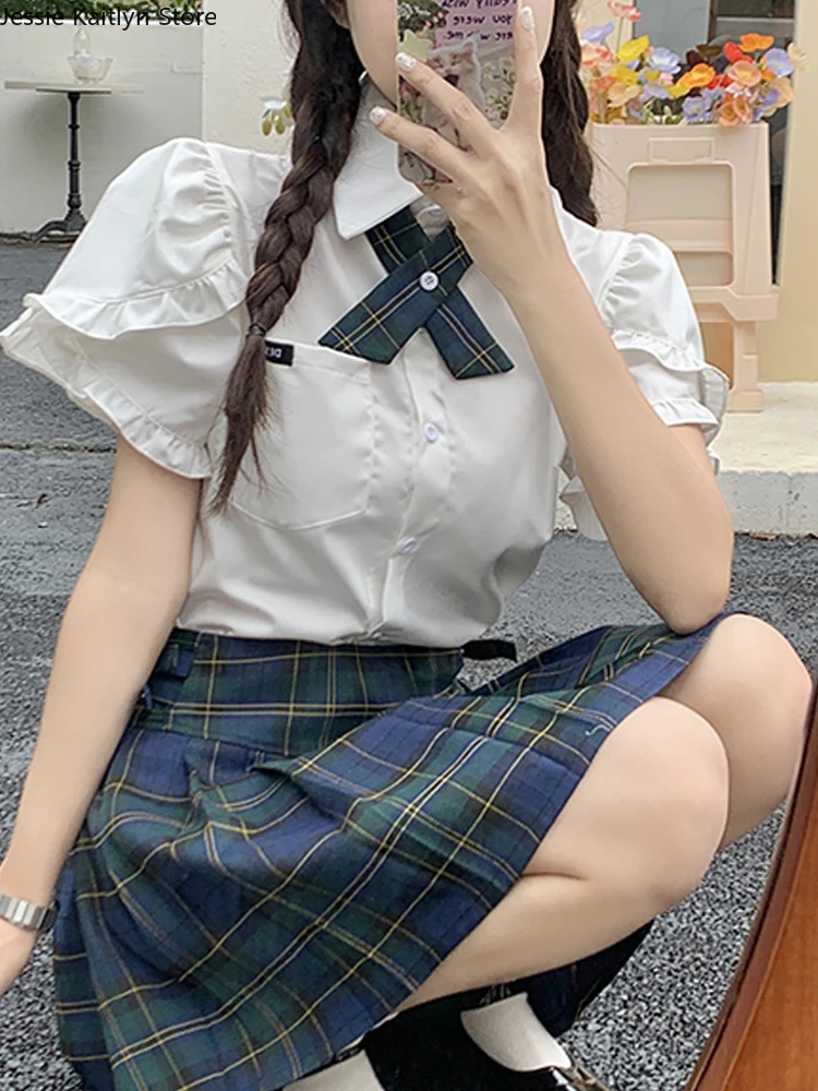 女性のための日本の学生服,コスプレ制服,白シャツ,市松模様のプリーツスカートのセット