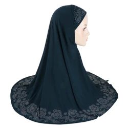 H407 Adults Big Size Muslim Hijab Scarf With Flower Rhinestones Islamic Headscarf Hats Armia Pull on Headwrap Bonnet