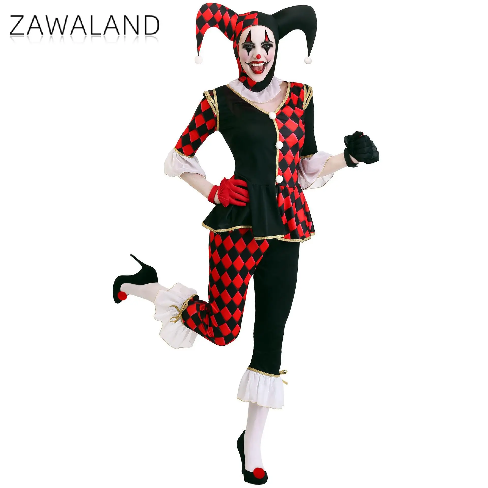 Zawaland-Costumes de clown d'Halloween pour femmes, robes de cosplay, olympiques rouges à imprimé diamant, vêtements de fête de carnaval, vêtements de déguisement de paupières pour dames