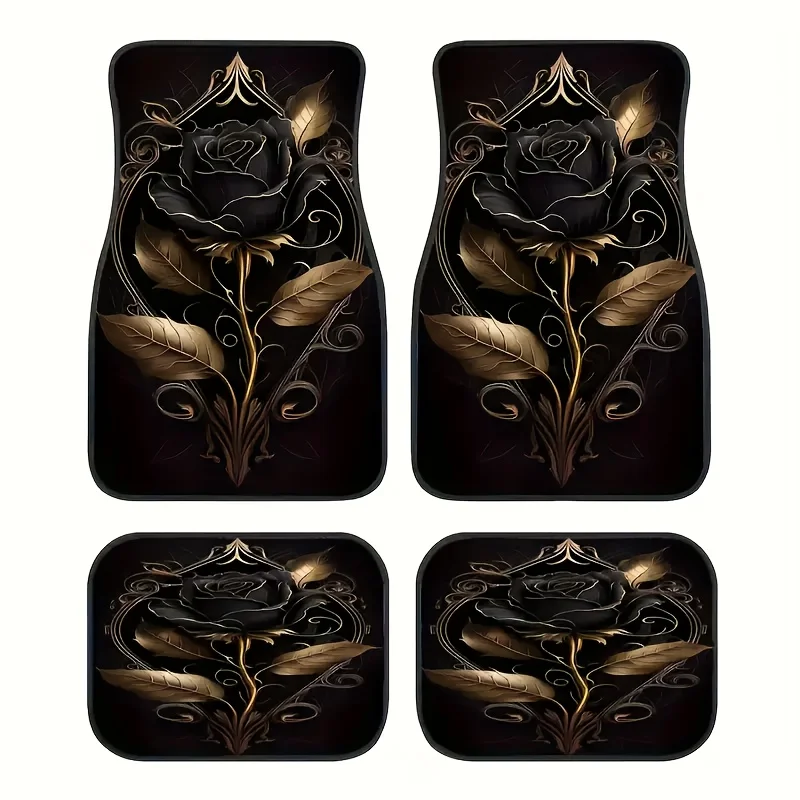 Elegant Black And Golden Rose Pattern Car Floor Mats Set - Universal Fit For Cars, Trucks, SUVs - Durable Polyester Material, Fr