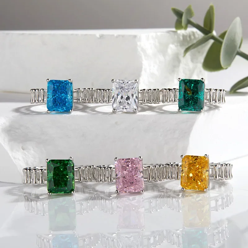 Douyin Live S925 sterling silver ice flower cut ring women's high carbon diamond Ledian cut colored treasure ring European