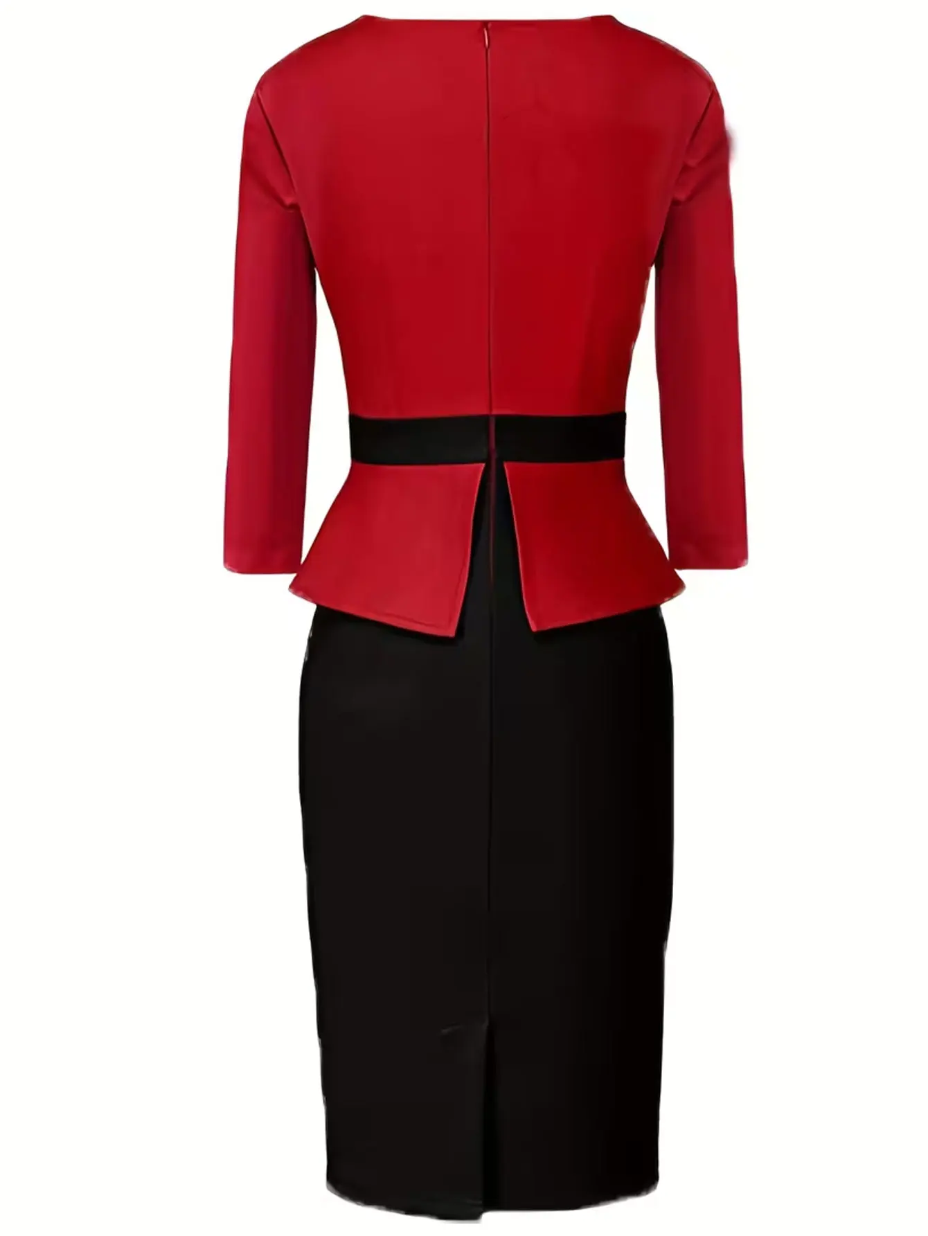 Elegantes Damenkleid mit 3/4-Ärmeln, Rundhalsausschnitt, Farbblockdesign, Knielang, für Cocktailpartys, Arbeit und Business, mit Plissiertem Taillenband und Schlanker Bleistiftsilhouette – Detail 5