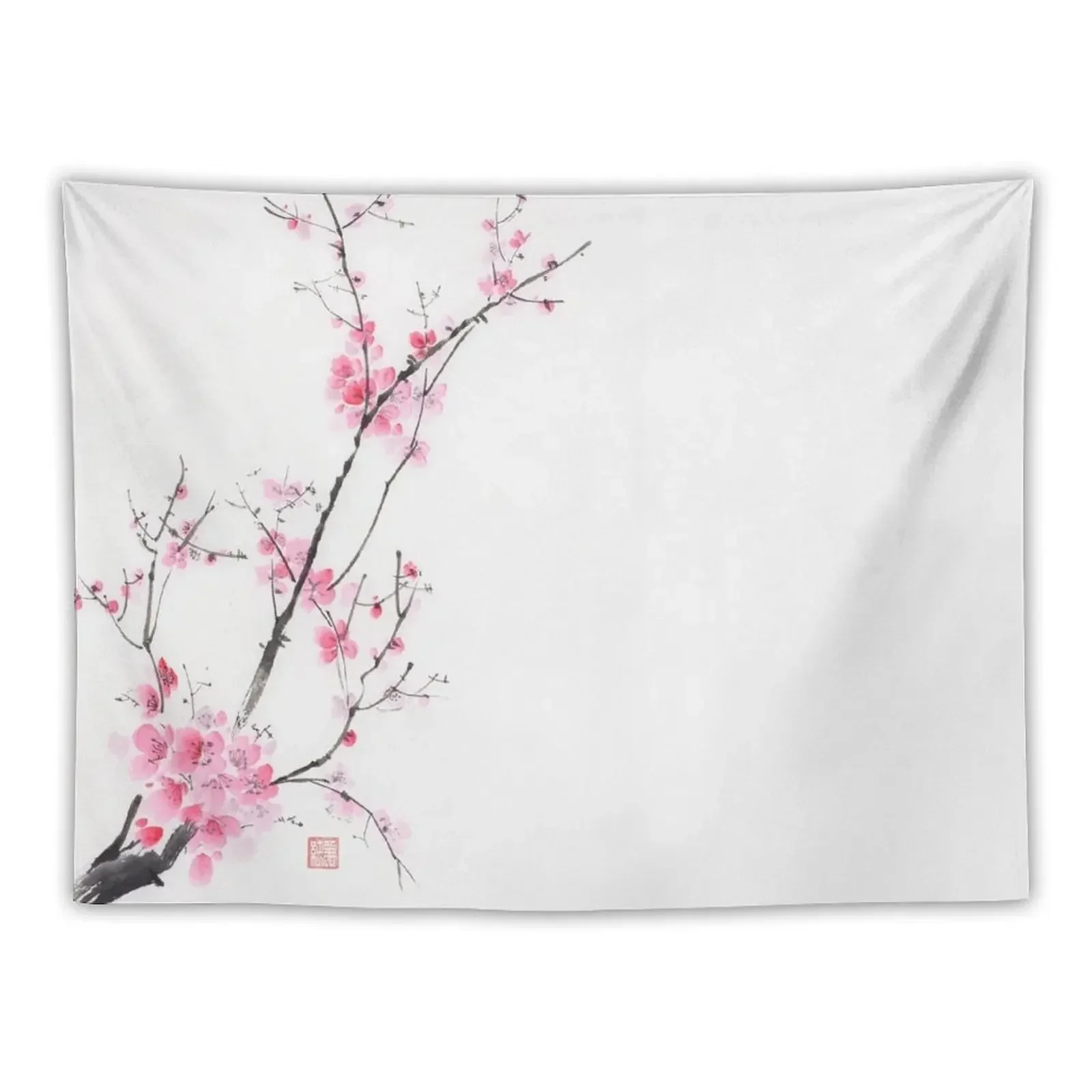 Elegant branch of cherry blossom with pink flowers on white Oriental sumi-e painting art print Tapestry