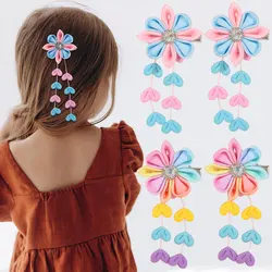 2Pcs Pink Ribbon Floral Hair Clips Love Heart Tassels Hairpin Handmade Stain Flower Barrettes Kids New Headwear Children Gifts