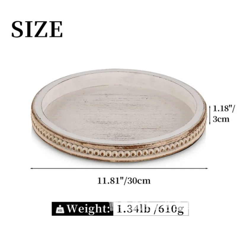 Hanobe Wood Decorative Tray Round White Washed Bead Tray for Coffee Table Rustic Wooden Trays Decor Farmhouse Kitchen Counter