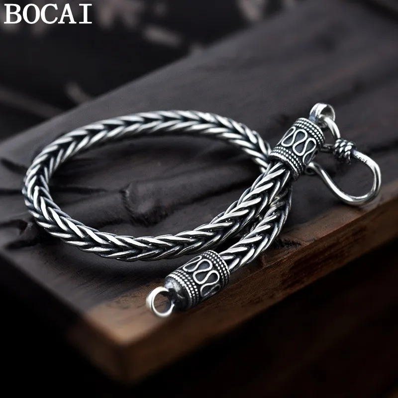 

BOCAI NEW S925 Silver Vintage Versatile Woven Dragon Bone Bracelet Men's Gift