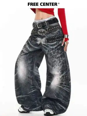 Vintage Butterfly Gothic Distressed Washed Printed Women's Cargo Jeans Pants Trousers for Women Streetwear Casual Denim Pants