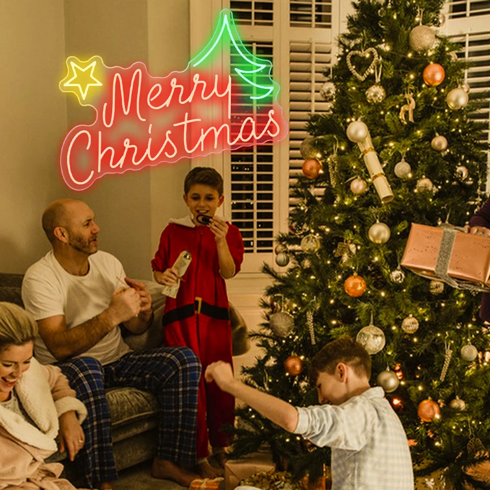 Letrero de neón de Feliz Navidad, luz LED con tablero acrílico, arte decorativo de pared, luz nocturna, Bar, fiesta de Navidad para niños