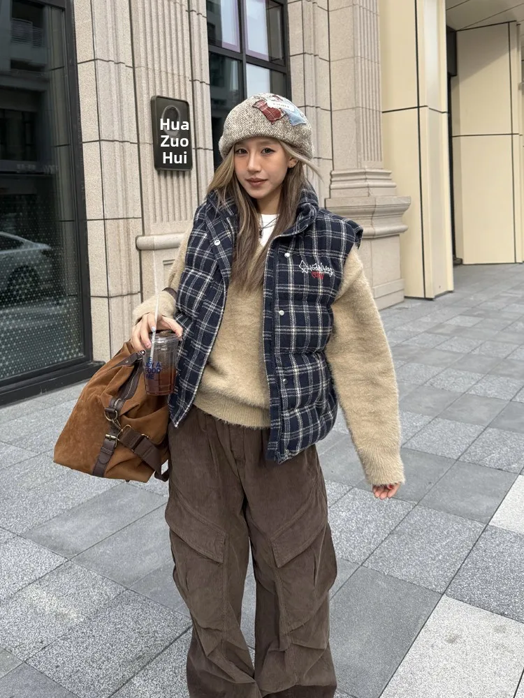 

Свободный клетчатый жилет ex Svel, осенне-зимний новый многослойный верхний костюм в стиле ретро, топ Street Sle, хлопковая куртка с вышивкой