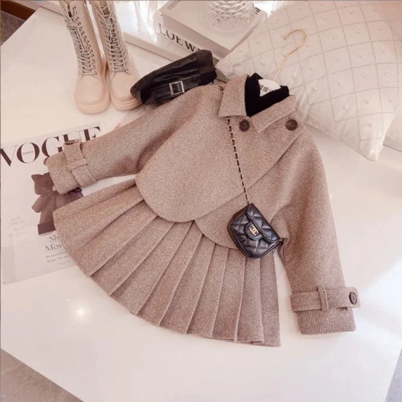 

Spring Girls' Woolen Suit Coat Pleated Short Skirt Two-Piece Set Little Girl Thickened Cotton Fashionable Trendy