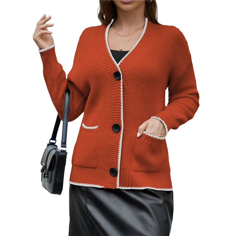 【HAPPYH】Women's Color Block Long Sleeves Sweater Fall Button Down Casual Coatigan Soft Knit Coat With Pocket