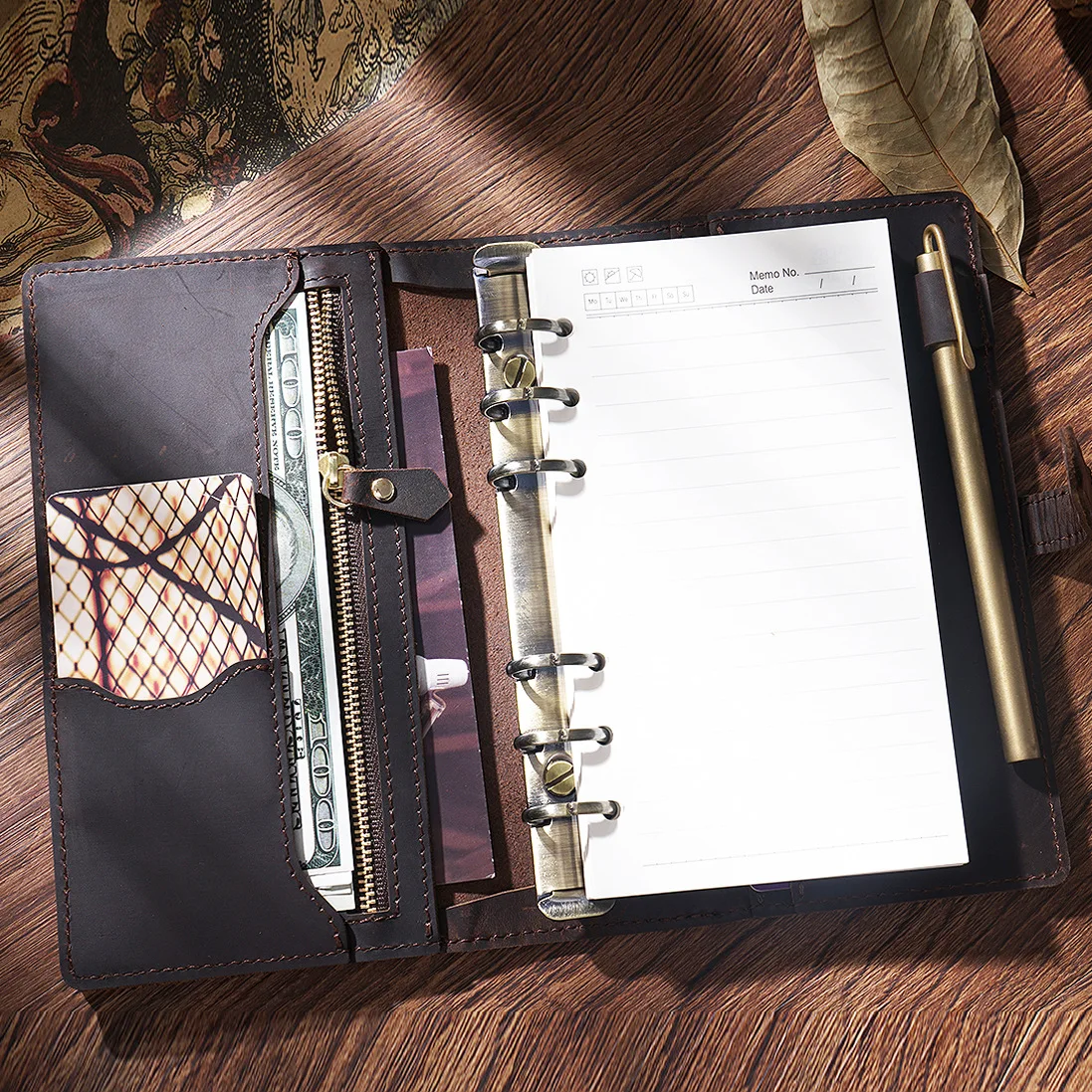 A5 A6 A7 Leather Loose Leaf Travel Notebook with Zipper Pocket and Card Holders, Refillable Crazy Horse Cowhide Journal Binder