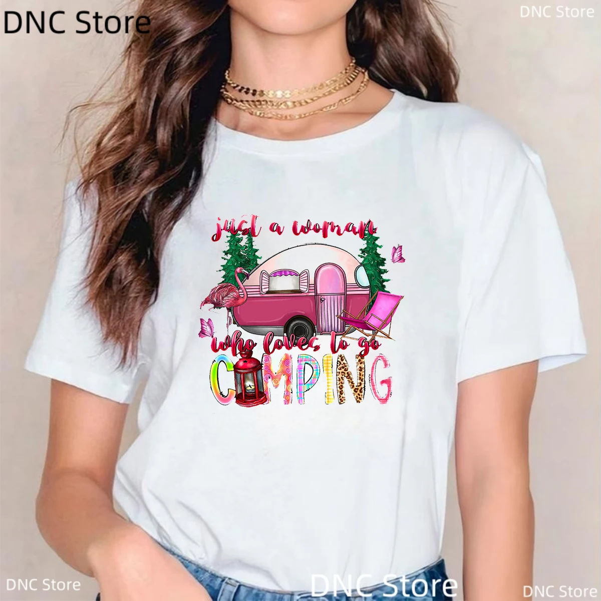 

Just A Women Who Loves To Go Camping Graphic Print Women'S Tshirt, Camping Life, Happy Camping Fashion Summer Female Tshirt Tops