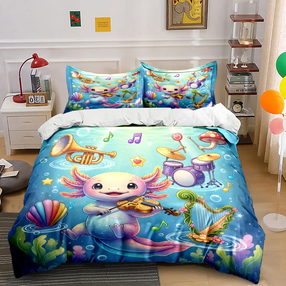 Cute salamander underwater concert Print Bedding Set 1 Duvet Cover 2 Pillowcases for Adult and Children Luxury Gift Full Size