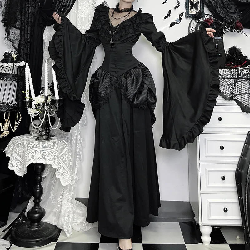 

Early Autumn Lace Patchwork Sleeve Women Shirt Gothic Court Style Lolita Slim Fit Dark Subculture Versatile Tops Chic New Outfit