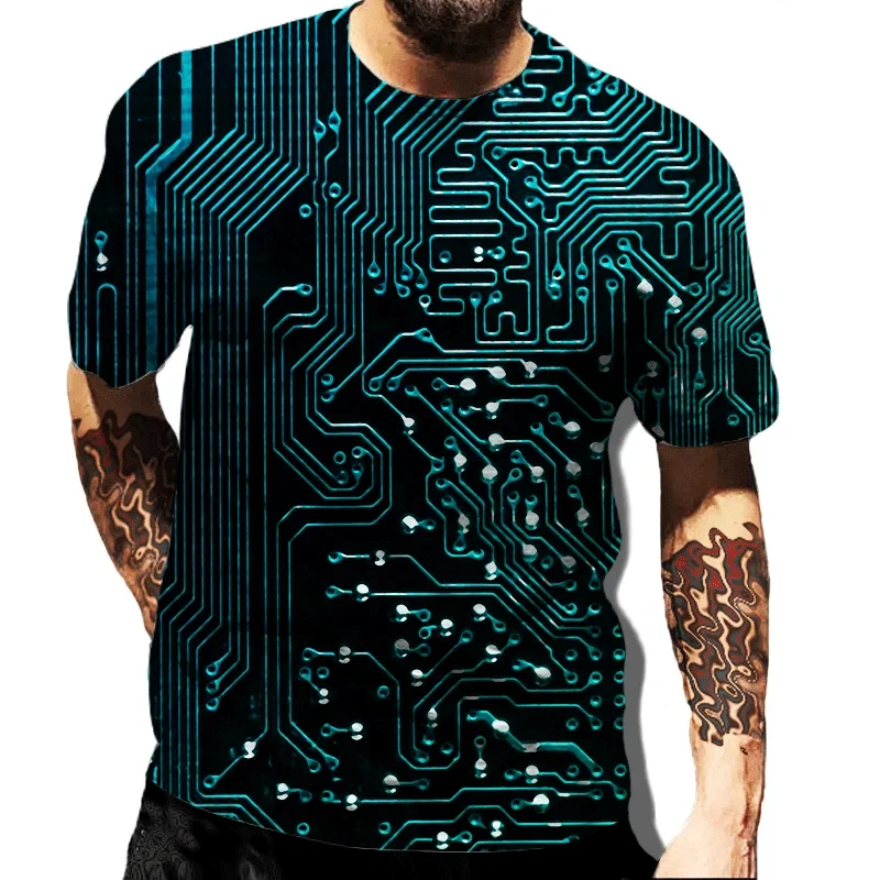 3D Print Circuit Board Electronic Chip T Shirt For Men Summer Casual Cool Short Sleeve Tee Top Streetwear Oversized T-shirt