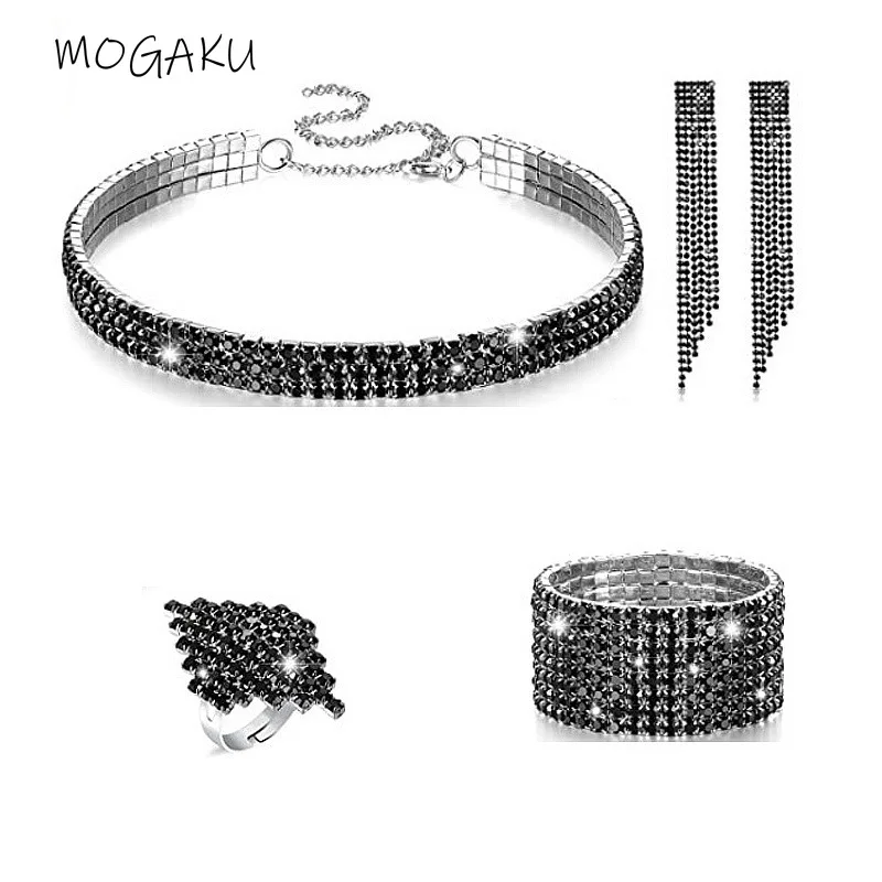 Mogaku Volledig Zwart Kristal Kettingen Armbanden Oorbellen Ringen Mode Steentjes Sieraden Sets Vrouwen Meisjes Feest Sexy Accessoires