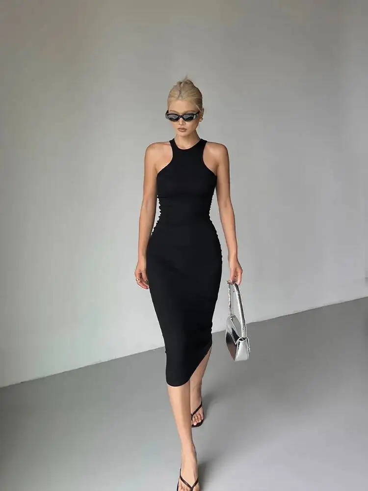 Sukienka WOMENGAGA z okrągłym dekoltem, bez rękawów, z odkrytymi plecami, damska, letnia, nowa, z wysokim stanem, dopasowana, o średniej długości, słodka, UL75