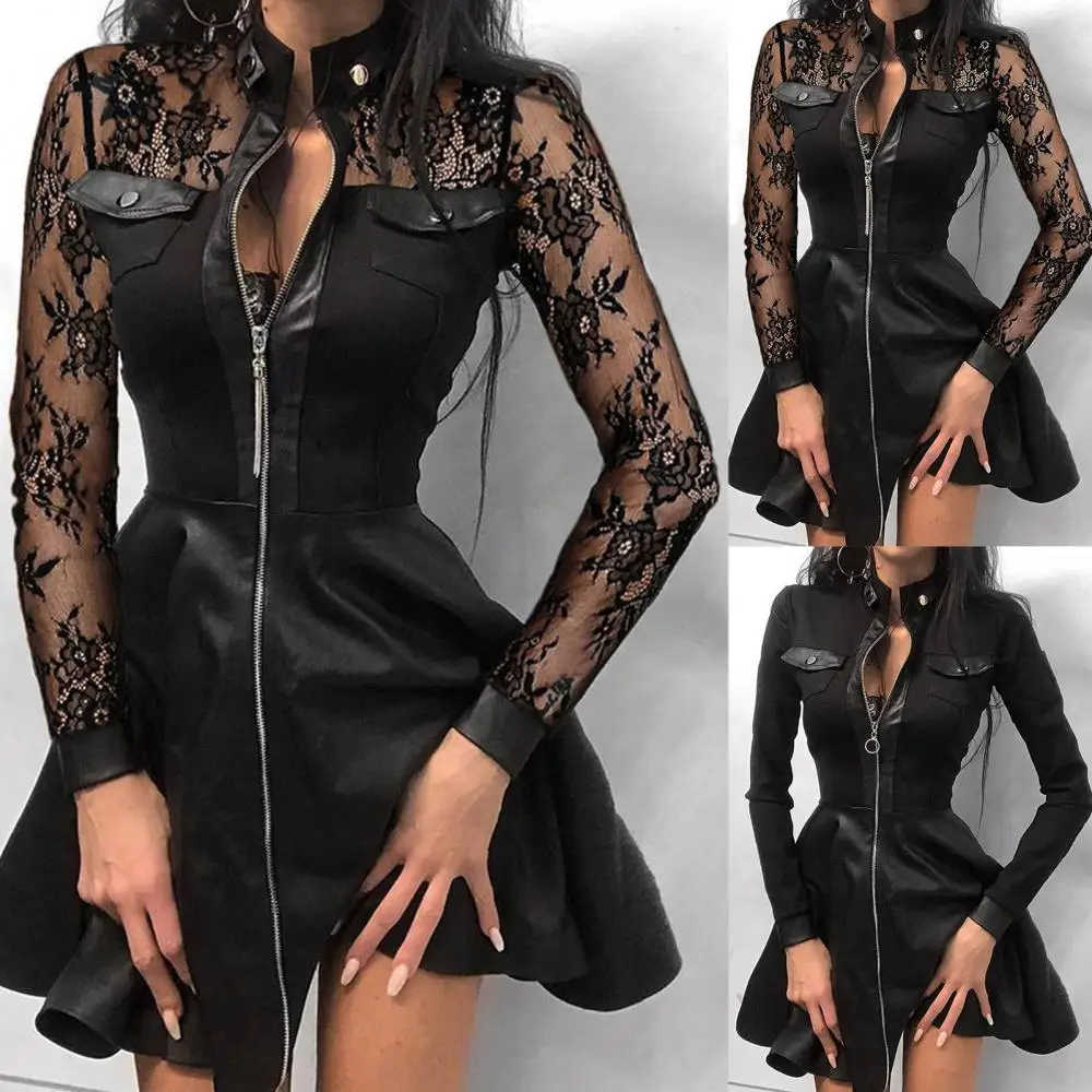 Fashion Women Lace Long Sleeve Zipper Pocket Large Hem Faux Leather Mini Dress