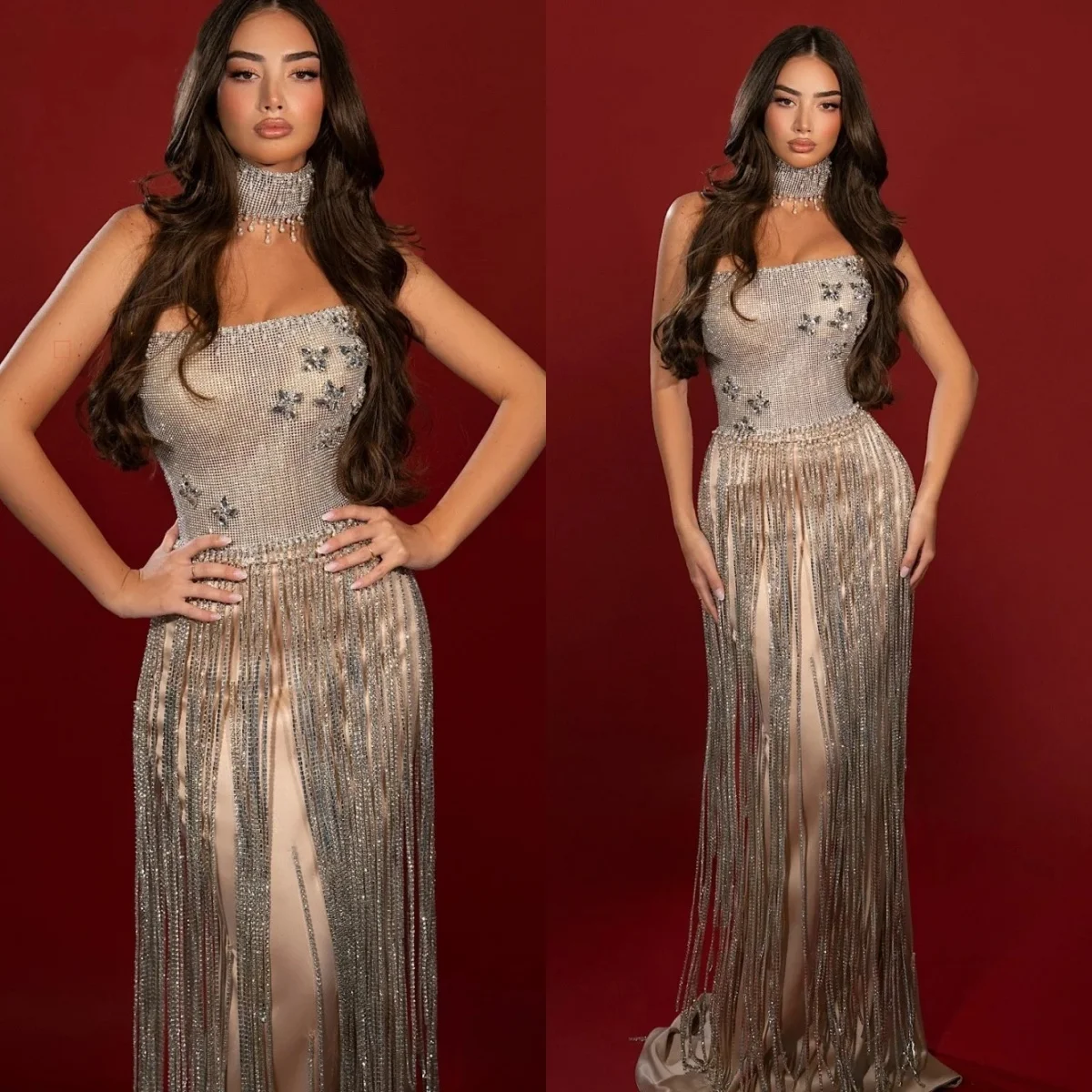 

Stylish Evening Dresses Pearls Strapless Prom Gown Crystal Tassel Sleeveless Slim Princess Mermaid Customized Vestidos De Noche