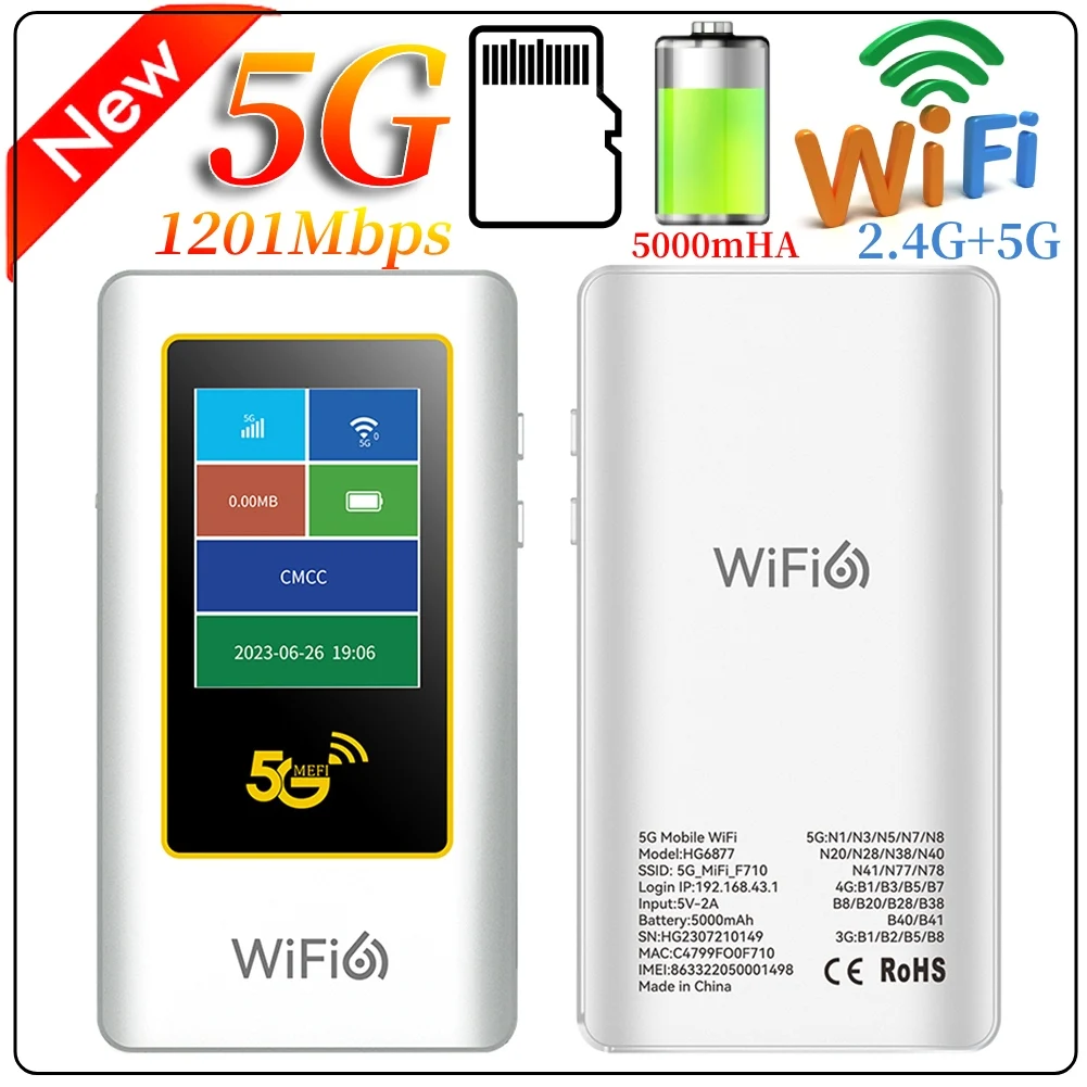 5G Wifi Wireless Router 1201Mbps Lte Portable Wifi Hotspot 5G Mifi Unlock Type-c Fast Charge 5000 mAh Battery With SIM Card Slot