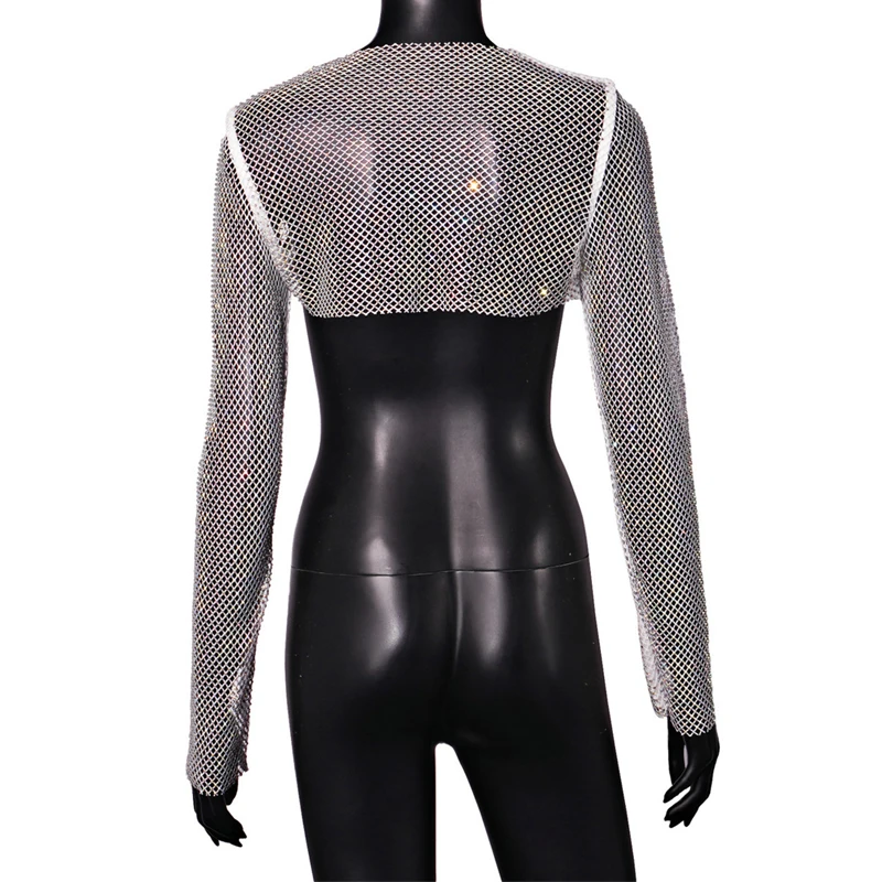 Damen AB Strass Netzstoff Langarm Crop Top Glänzendes Funkelndes Mesh Durchsichtiges Cover-Up Top Sexy Nachtclub Rave Party Festival – Detail 9