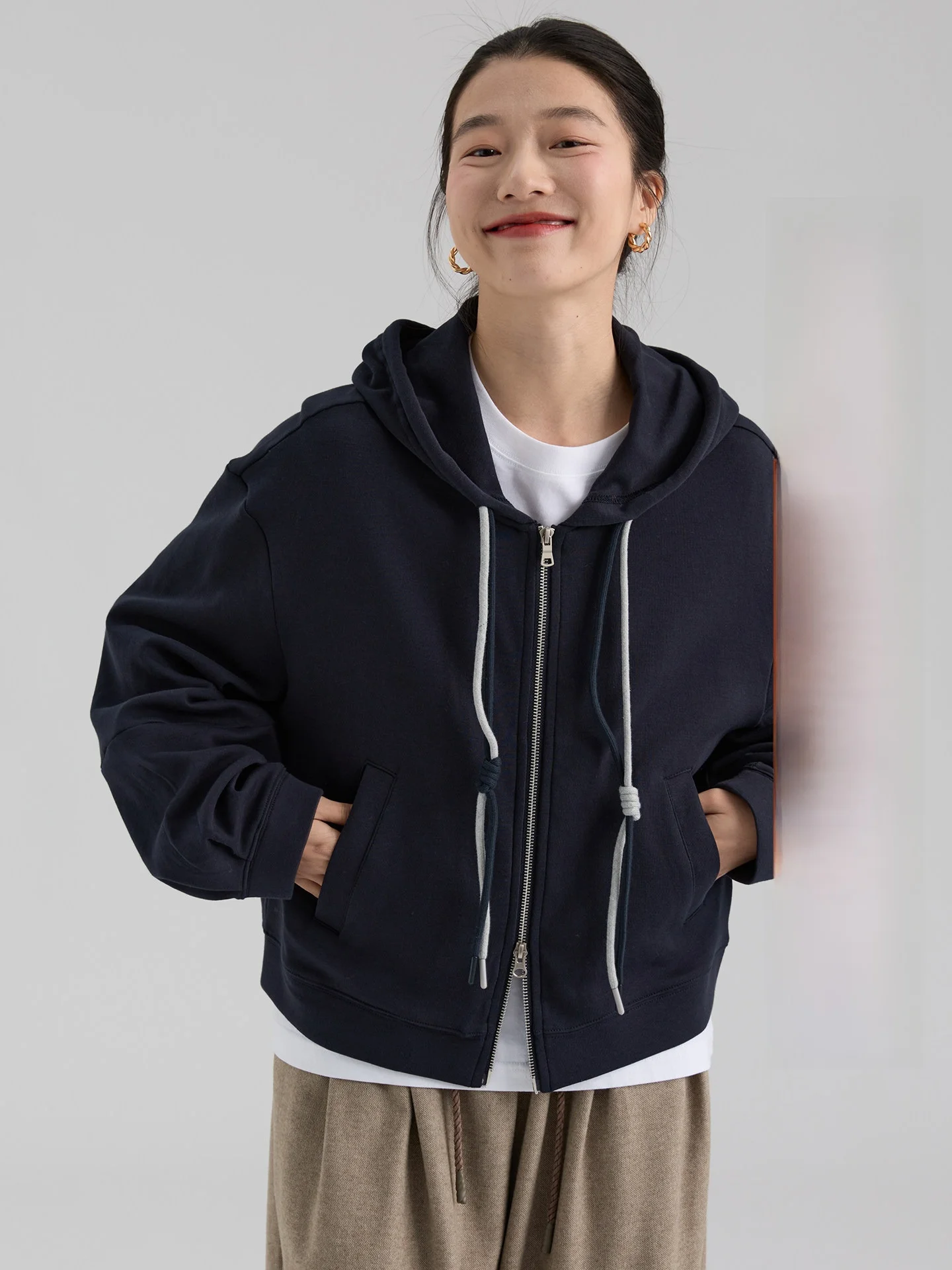 

Dwind2026 Spring New Loose Fit Hoodie Jaet Women's Double Zipper Color Simple Design Cotton Polyester Blend