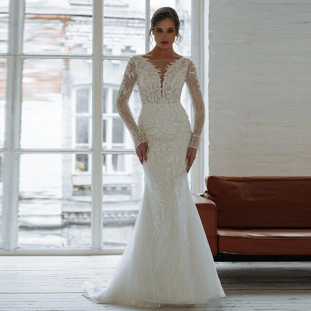

Boho Illusion Neck Long Sleeve Appliques Lace Wedding Dress Mermaid Button Back Floor Length Bridal Dress with Train Custom Made