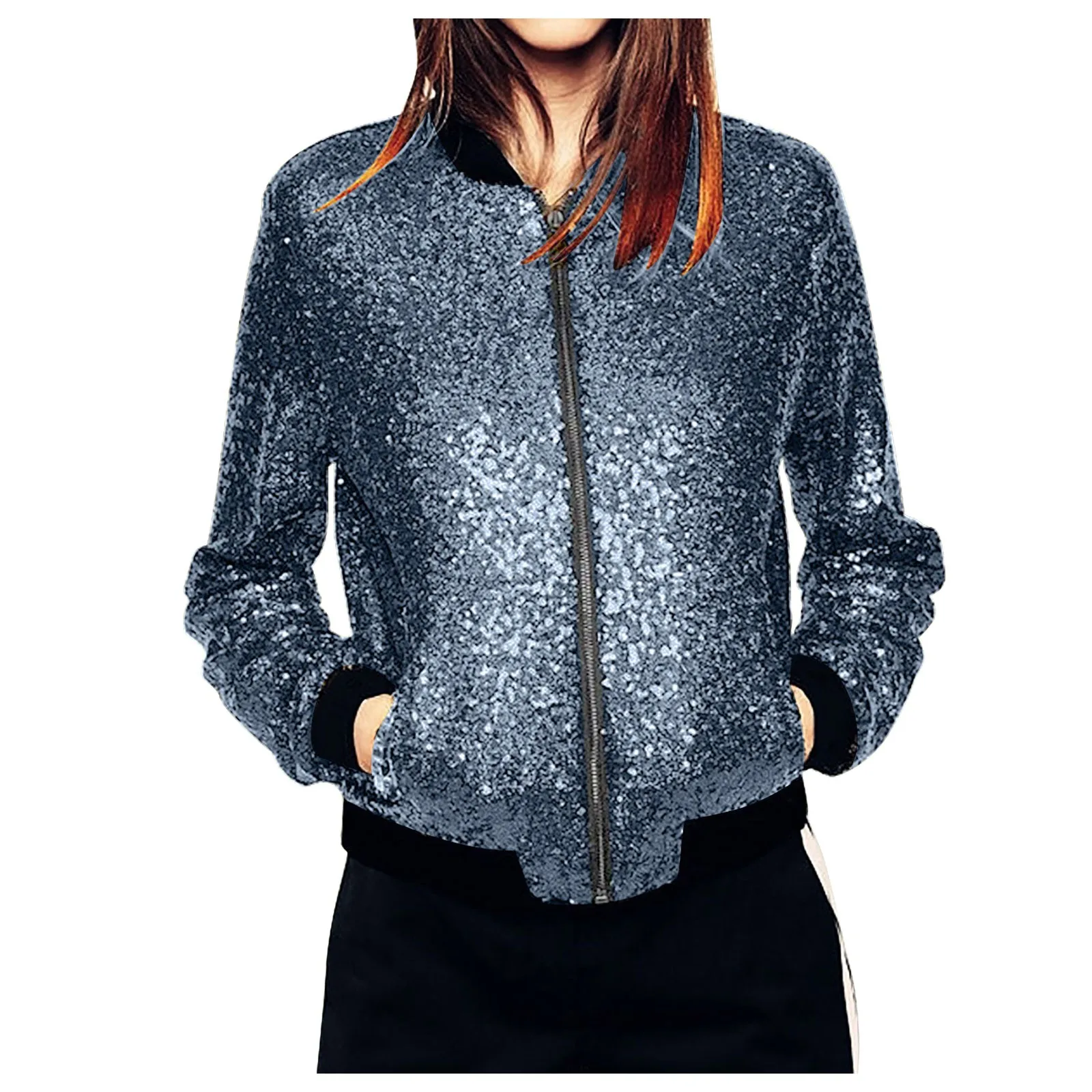 Fashion Glitter Sequin Women Bomber Jackets Autumn Long Sleeve Stand Collar Outwears Coats With Pockets Autumn Baseball Uniforms