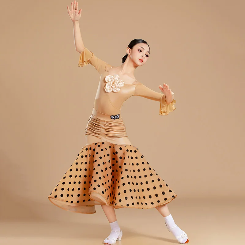 Kinder Mädchen Spaghettiträger Mesh Bodysuit und lange Swing-Röcke Übungssets Kinder Ballsaal Professionelle Tanzkostüme