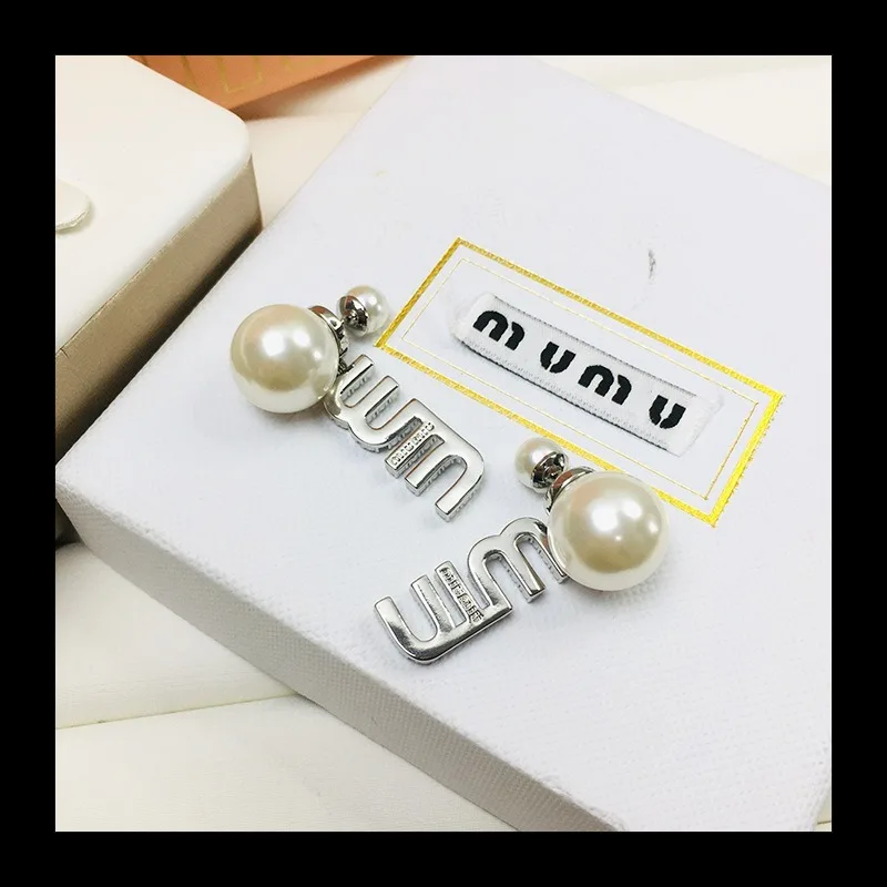 

Classic MIU Silver Letter Full Diamond Pearl Stud Earrings, Fashionable and Versatile