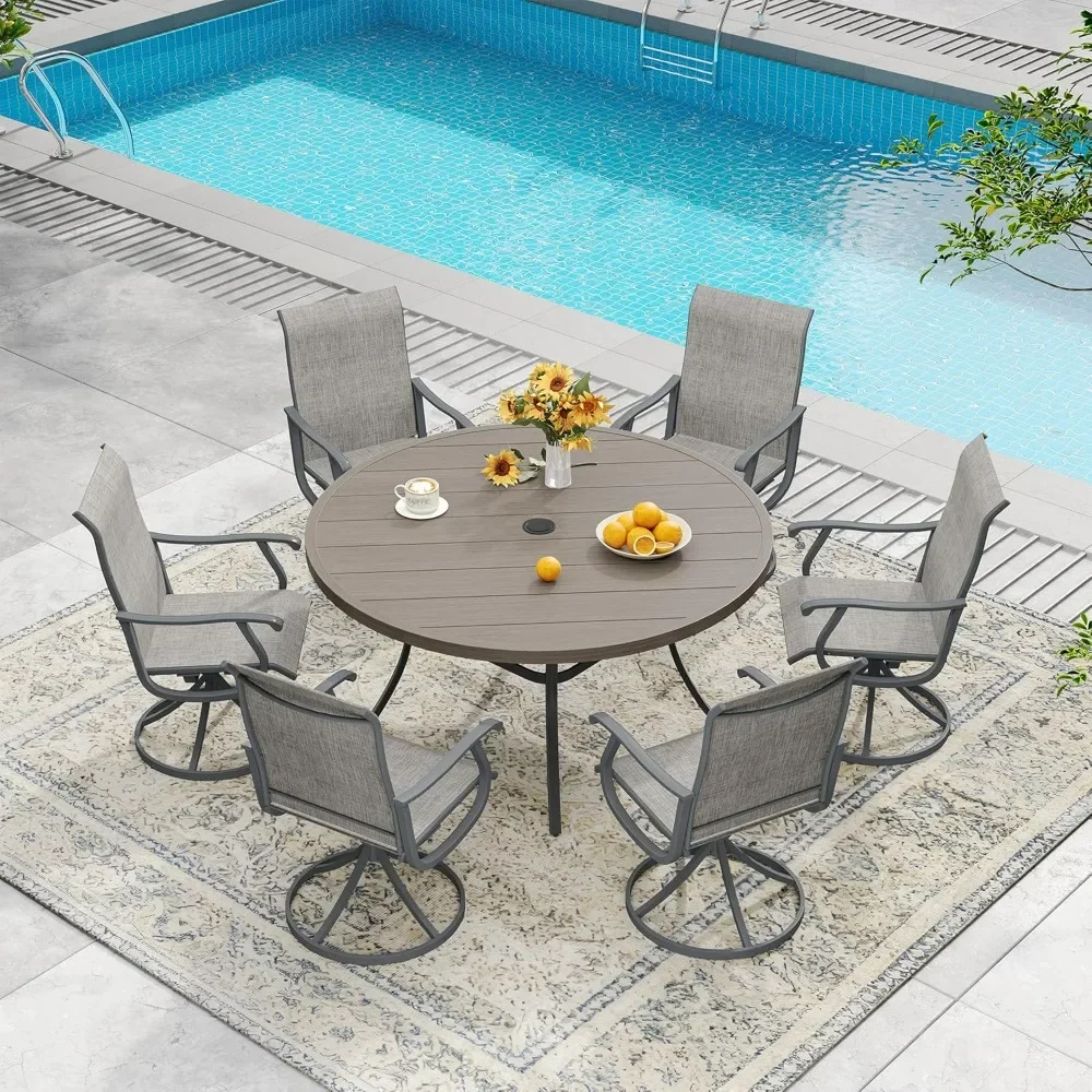

7 Pieces Outdoor Patio Dining Set, 6 Textilene Swivel Dining Chairs and 53" Round Metal Dining Table, Outdoor Table and Chairs