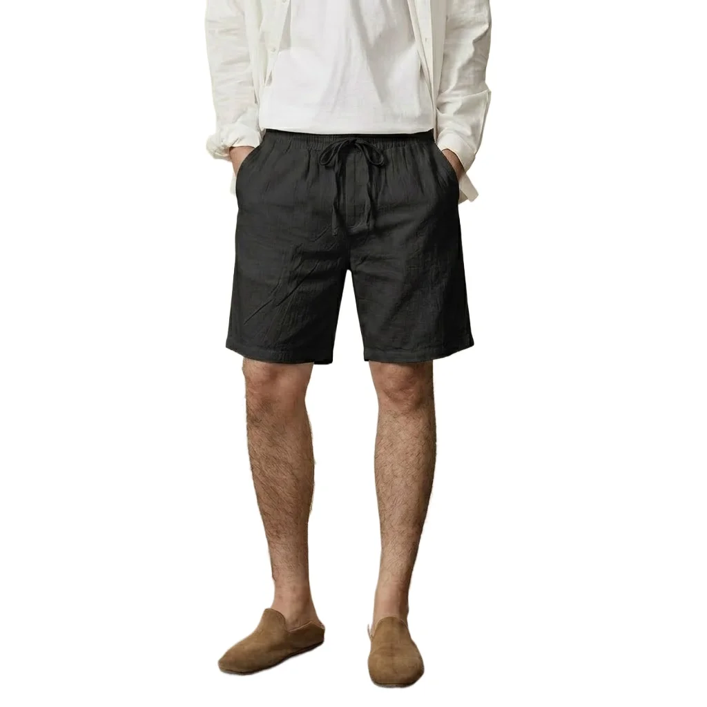 Men's Cotton Shorts Casual Elastic Waist Drawstring Summer Beach Breathable Shorts Linen Jogging Lightweight Large Pants Gym Man