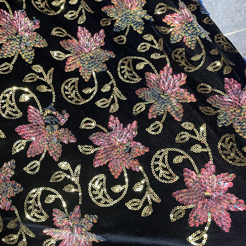 

Bule black red Sequined flower embroidery Luxury Velvet Fabric Evening dress Dress Set Coat Luggage Designer fabric