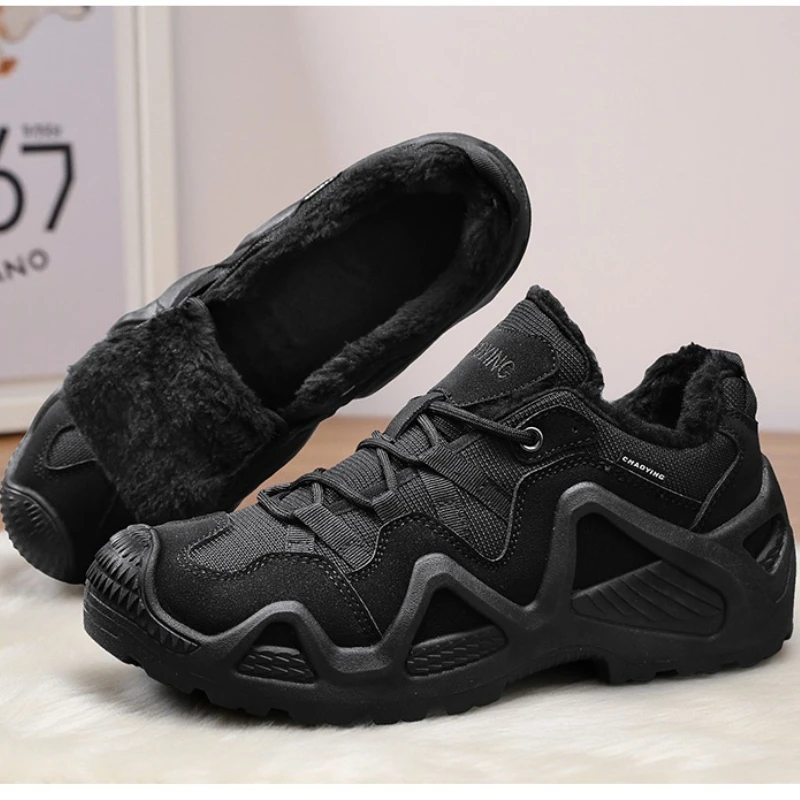 

Winter Thick-soled Fleece Solid Color Flat Bottom Low Top Round Head Lace-up Large Size Fleece Anti-slip Casual Hiking Boots